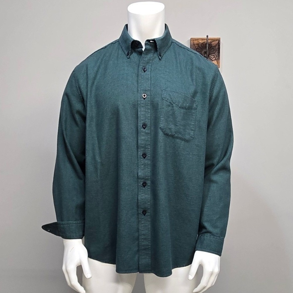 LL Bean Button Down Shirt Mens‎ Large Green Micro Check Cotton Workwear Utility